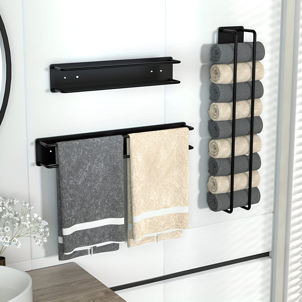 Support serviette mural double en métal favorisant le séchage rapide. Accessoire pratique pour toute salle de bain.