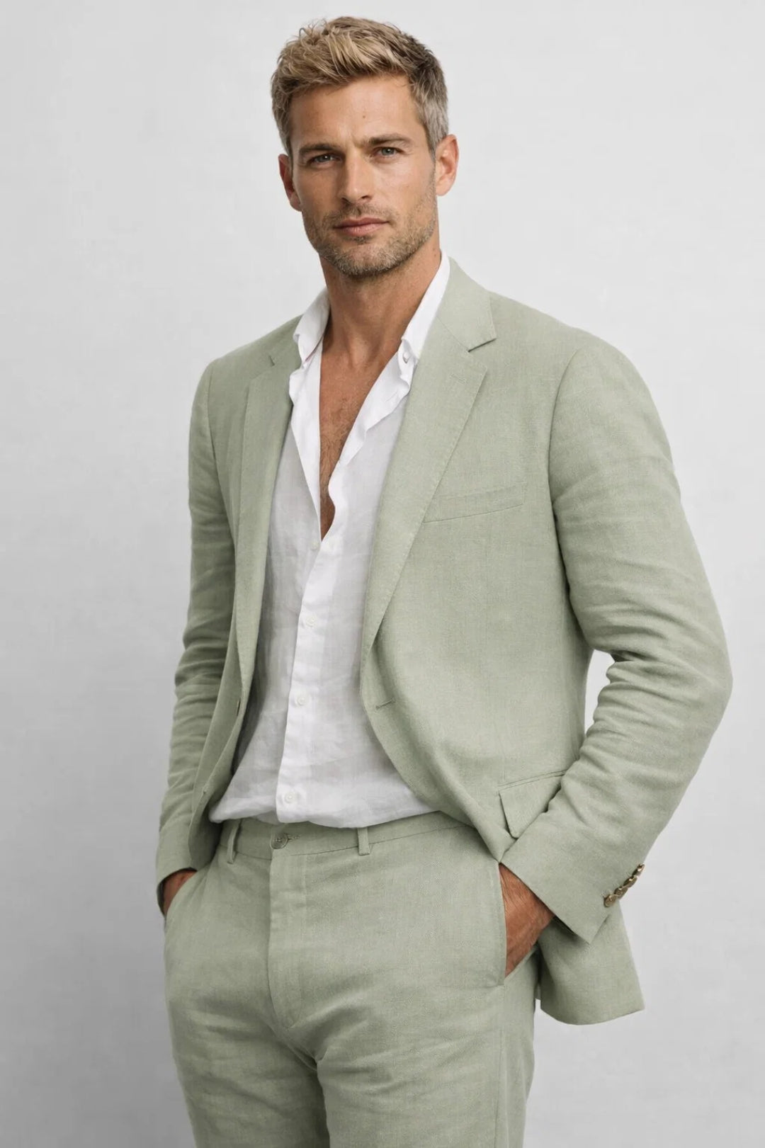 Costume homme 2 pièces vert sauge élégant, coupe ajustée, parfait pour mariage champêtre ou cérémonie d'été.