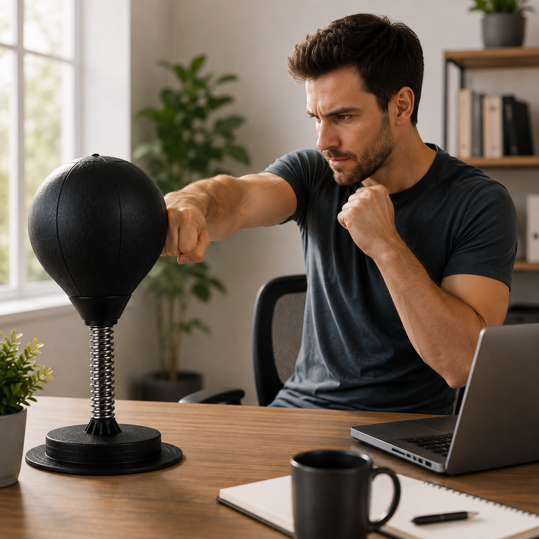 Punching ball MindStrike anti-stress, design moderne noir et rouge, accessoire pour une gestion active du stress.