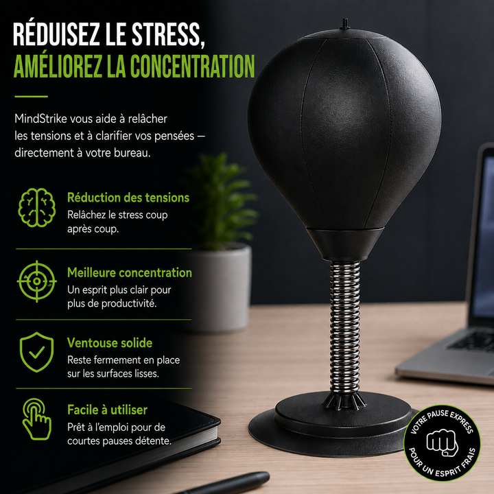 Punching ball de bureau MindStrike pour gestion du stress, compact et stable, favorise le bien-être.