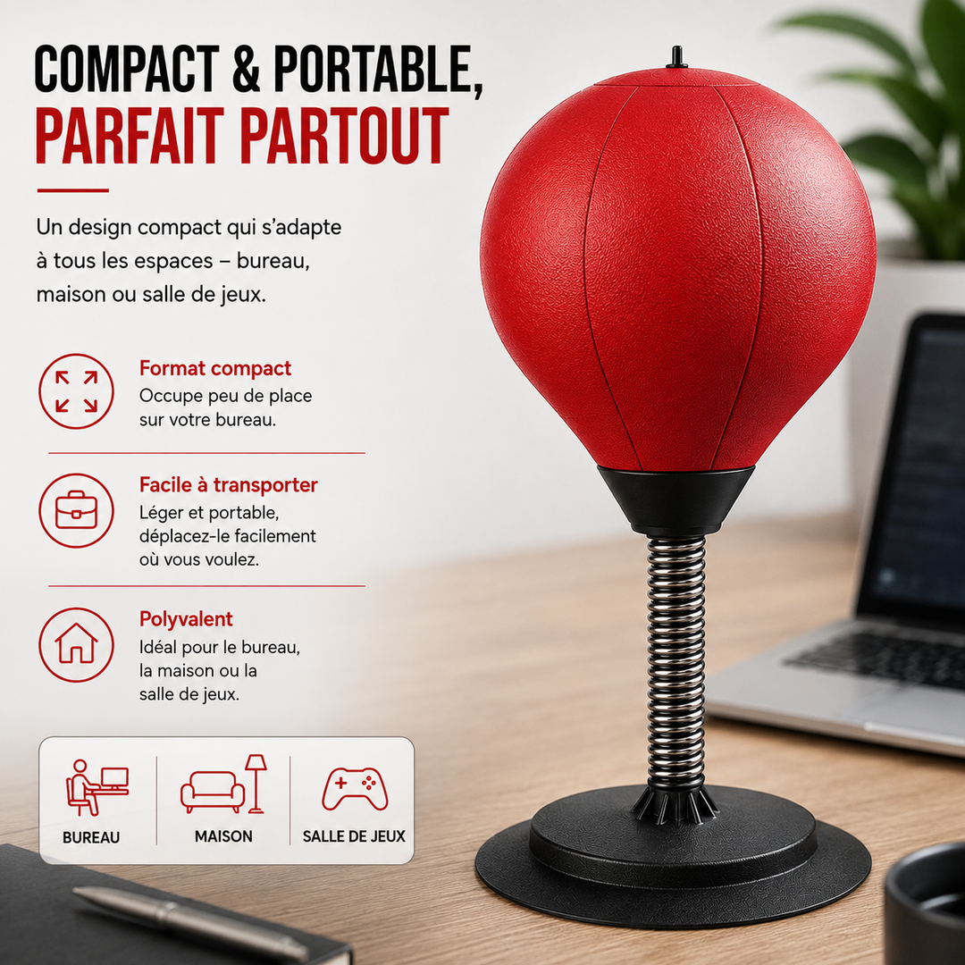 Accessoire de bureau MindStrike pour combattre le stress, sac de frappe rouge/noir, apporte bien-être et focus.