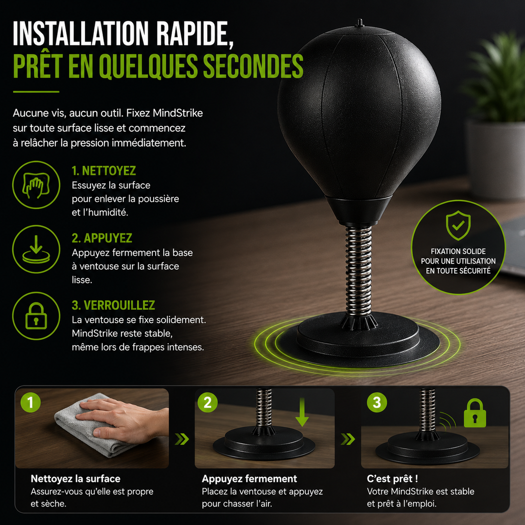 Sac de frappe MindStrike compact et stable, idéal pour la gestion du stress et la relaxation au travail.