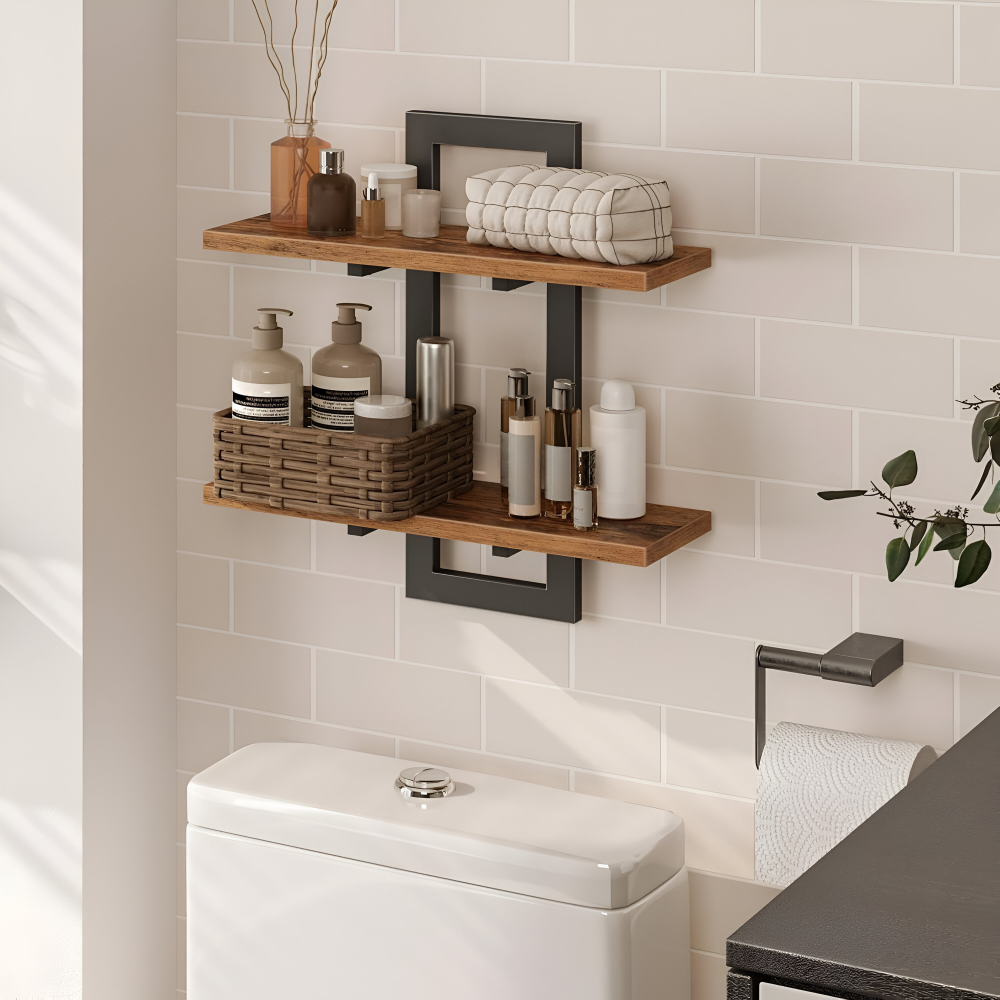 Étagère murale minimaliste en bois à 2 niveaux, parfaite pour le rangement et la décoration du salon.