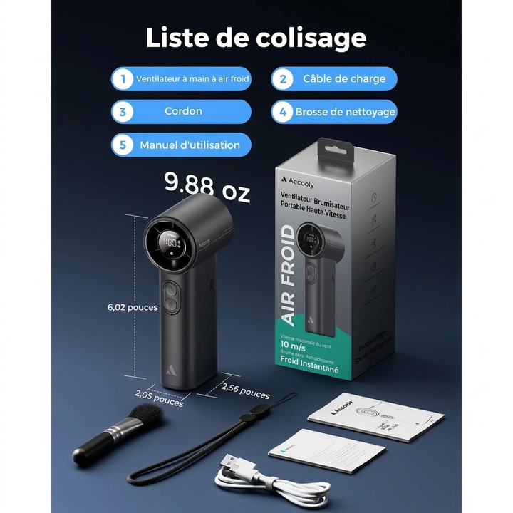 Ventilateur portable rechargeable et brumisateur pour une fraîcheur maximale. Design compact, parfait pour usage mixte en été.