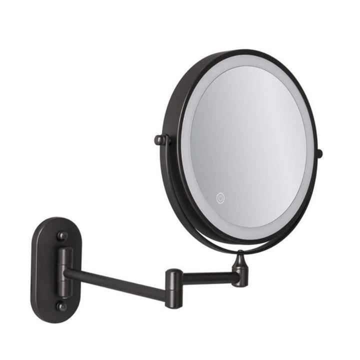 Salle de bain moderne avec miroir de maquillage mural LED LumiReflect grossissant et rechargeable.