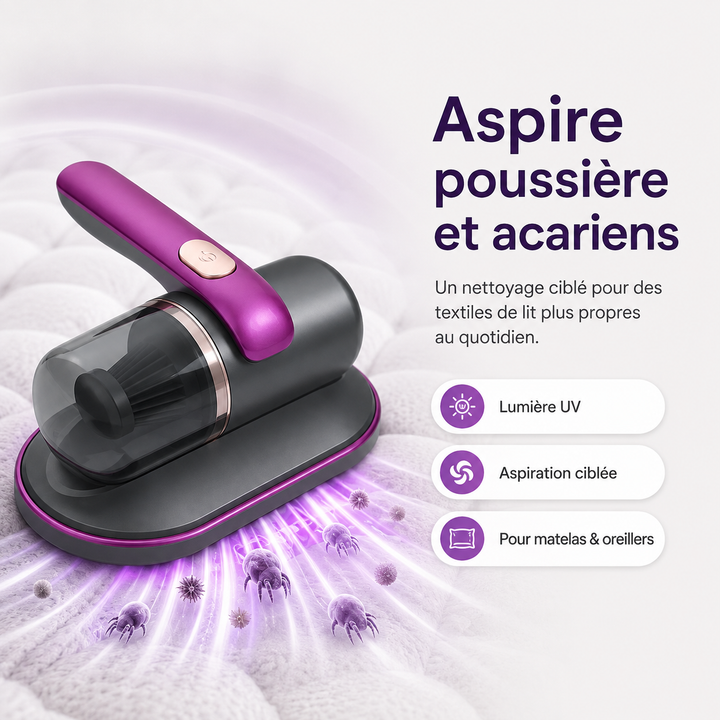 Aspirateur portable sans fil UV pour textiles, idéal matelas, canapés et sièges auto contre les acariens.