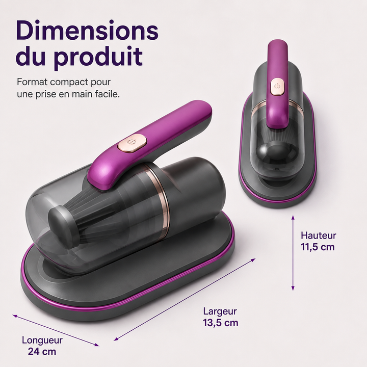 Aspirateur UV anti-acariens pour textiles, élimine efficacement allergènes et poussière sur matelas.
