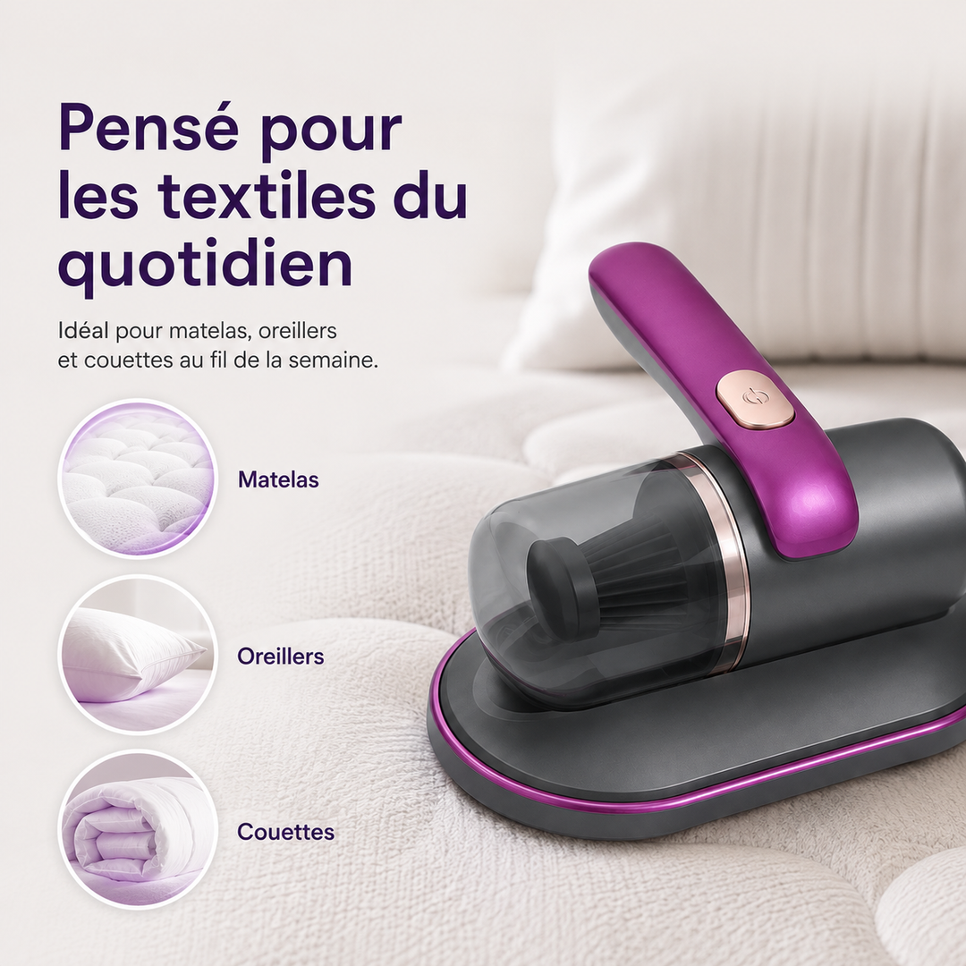 Nettoyeur anti-allergie sans fil UV pour matelas et tissus, réduit acariens et poussière. Maison plus saine.