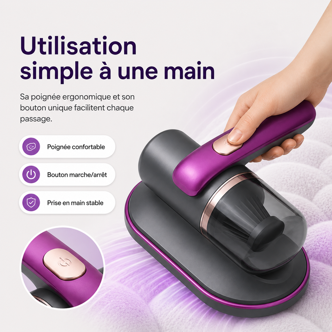 Aspirateur anti-acariens sans fil UV en action sur un matelas, pour une maison propre et sans allergènes.