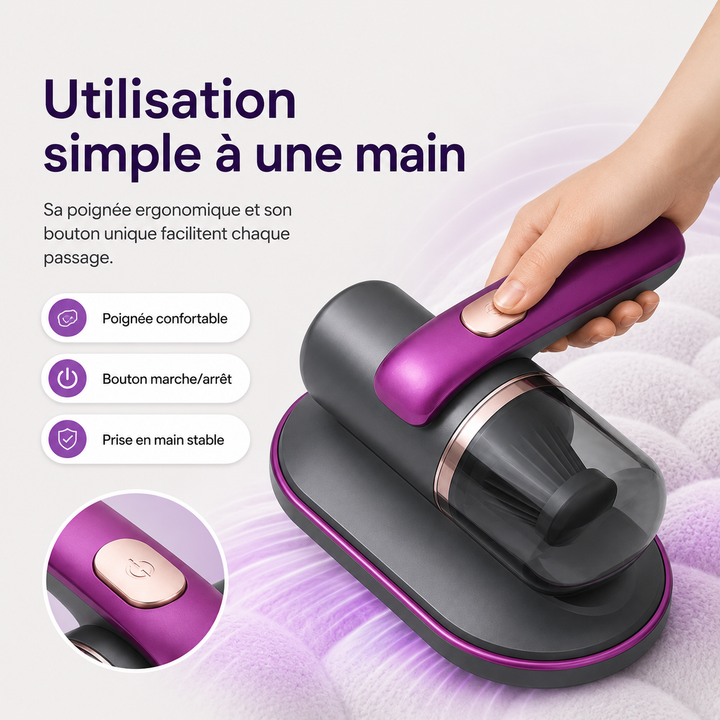 Aspirateur anti-acariens sans fil UV en action sur un matelas, pour une maison propre et sans allergènes.
