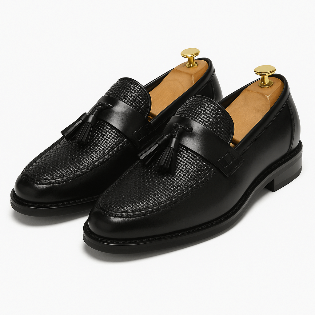 Mocassins hommes tissés élégants à pompons. Chaussures confortables pour bureau ou look décontracté chic.