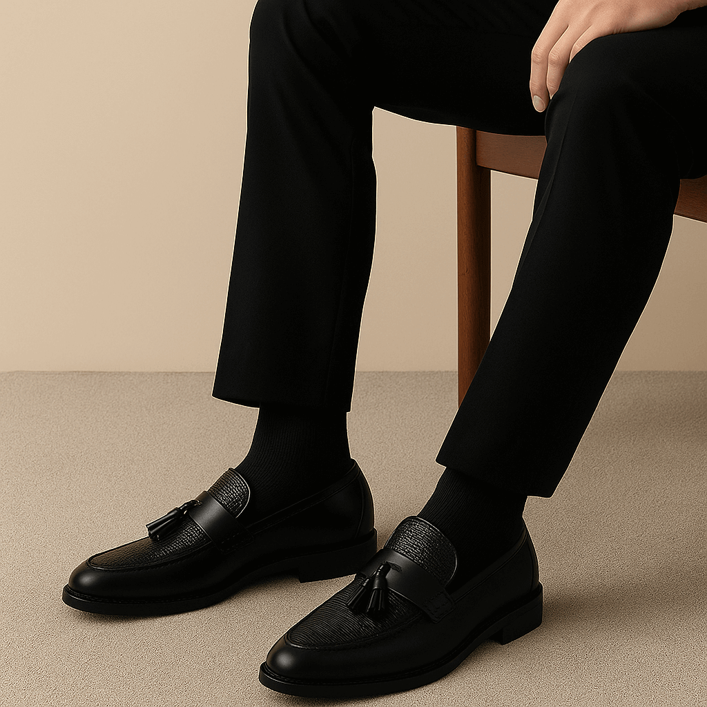 Mocassins pour hommes avec détail tissé et pompons. Confortables et élégantes, parfaites pour le bureau ou sorties.