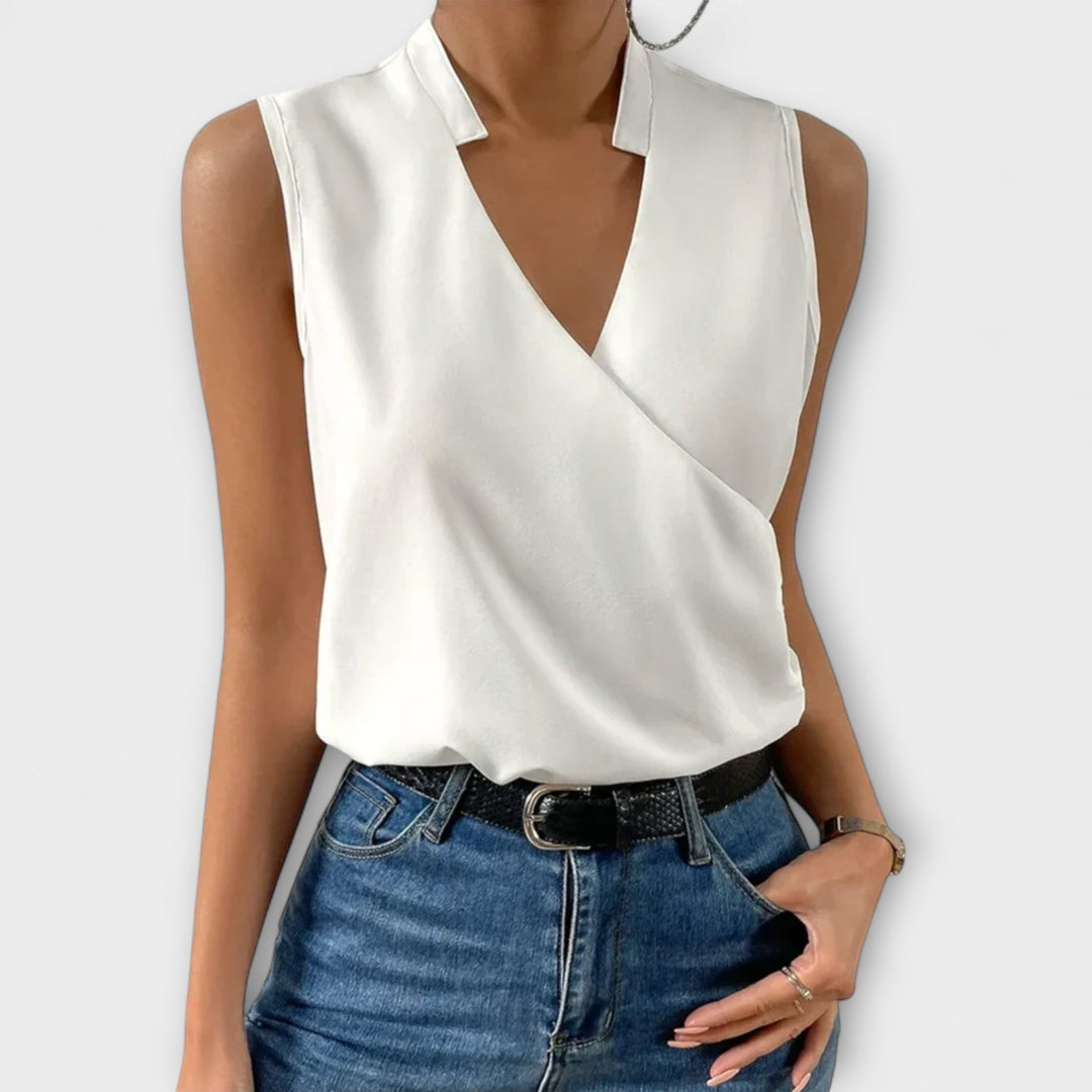 Haut femme chic col V, blouse élégante. Confortable et décontracté, idéal pour l'été. Mode féminine.