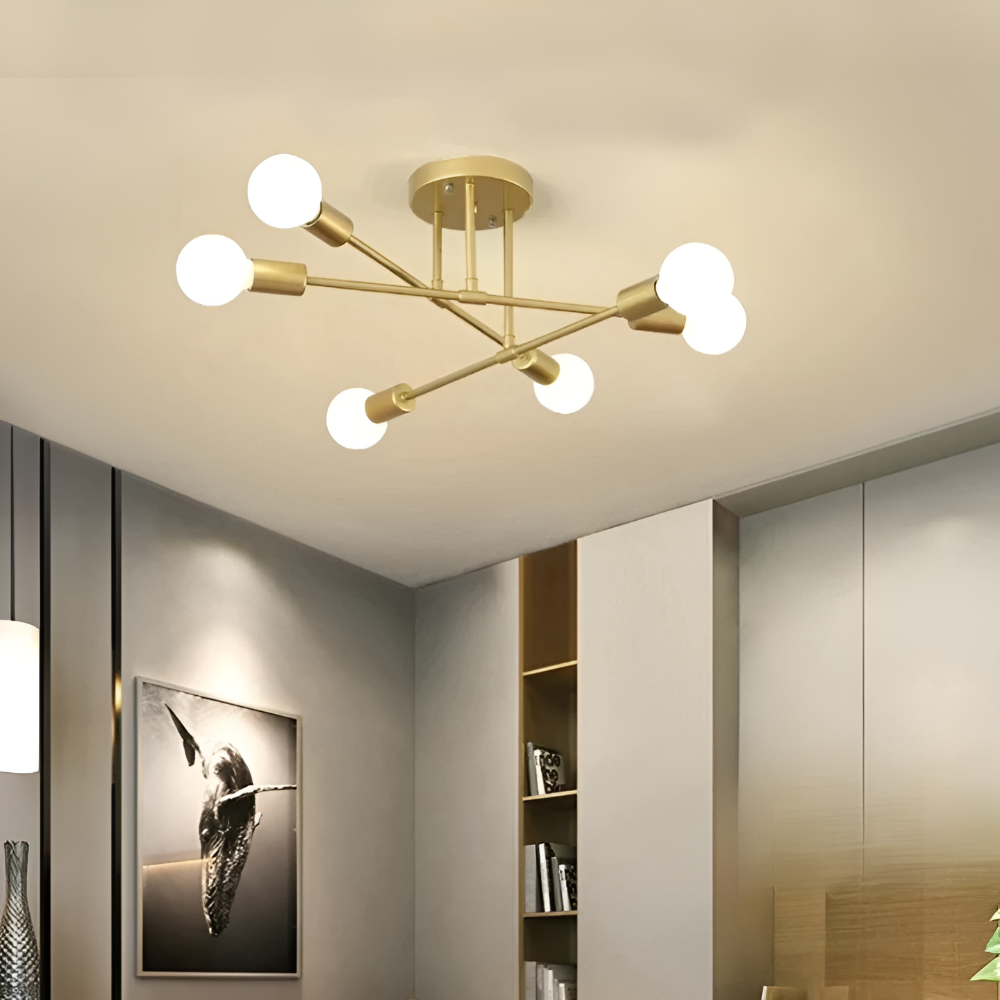 Luminaire LED doré design, diffusant une lumière ambiante chaleureuse pour chambre ou bureau.