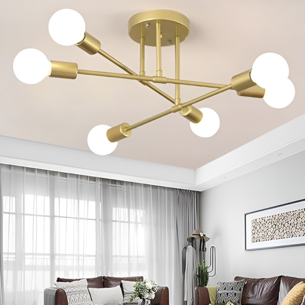 Plafonnier LED doré pour salon, transformant l'espace avec son design contemporain et sa lumière ambiante.