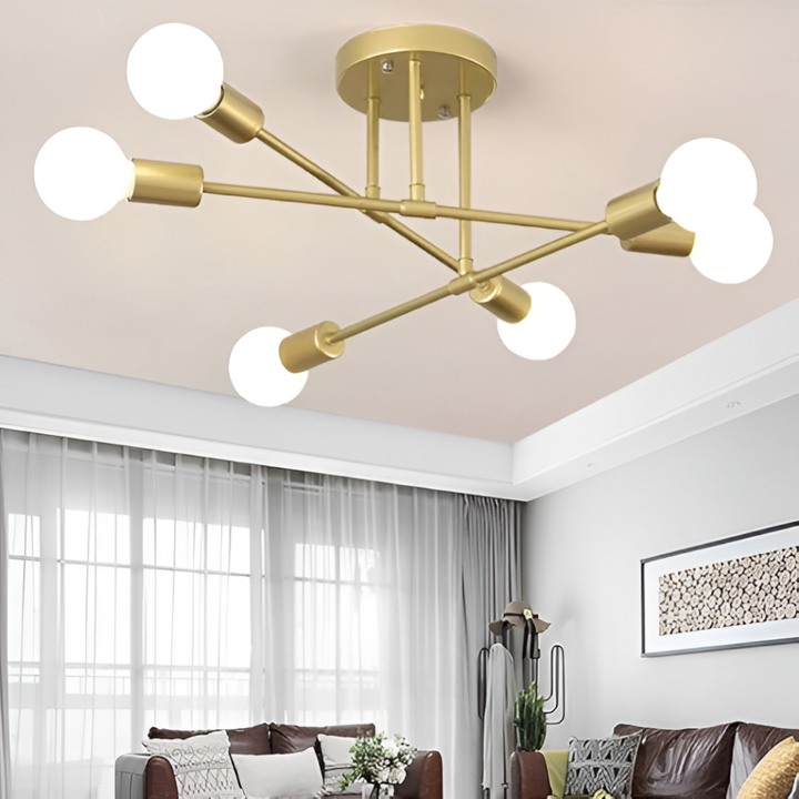 Plafonnier LED doré pour salon, transformant l'espace avec son design contemporain et sa lumière ambiante.
