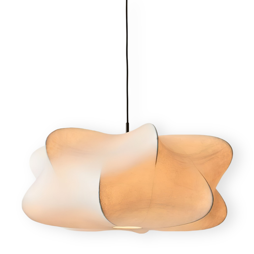 Plafonnier moderne, forme cocon, lumière douce, ambiance zen Wabi Sabi.
