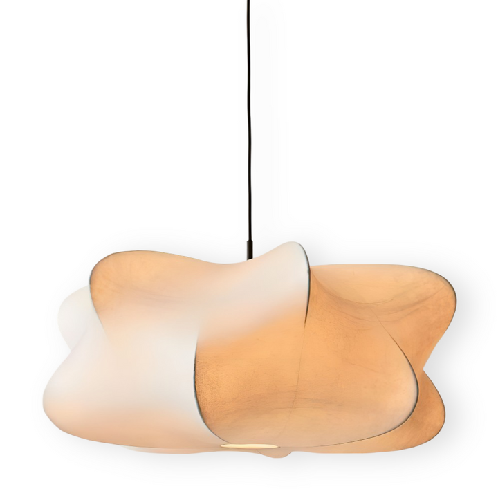 Plafonnier moderne, forme cocon, lumière douce, ambiance zen Wabi Sabi.