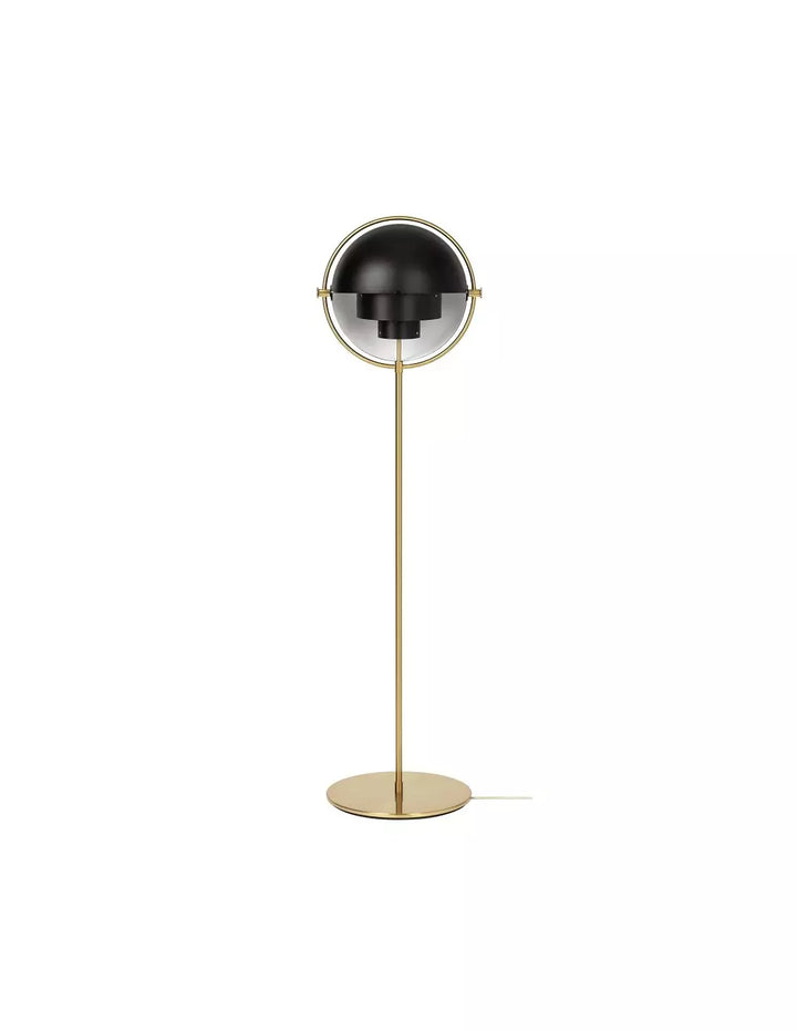 Lampadaire design sculptural moderne avec double luminaires LED ajustables, parfait pour salon contemporain.