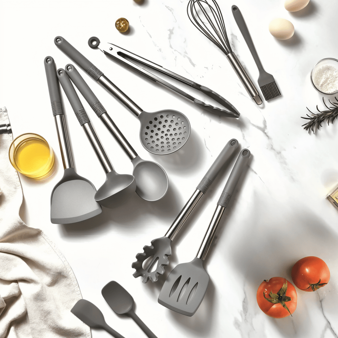 Ensemble complet 12 ustensiles de cuisine avec support, parfaits pour organiser votre espace de travail.