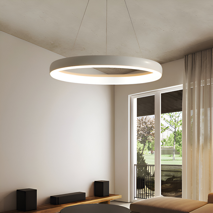 Pendentif LED CircuGlow rond, noir élégant, pour un éclairage moderne de salle à manger.
