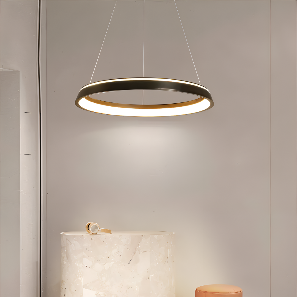 Pendentif CircuGlow LED rond, lumière moderne et dimmable, disponible en noir et blanc pour intérieur.