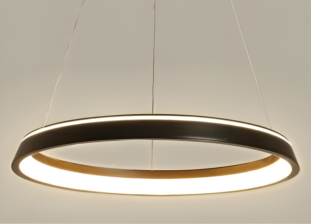 Lampe de salle à manger suspendue, LED ronde, design minimaliste blanc, lumière douce et modulable.