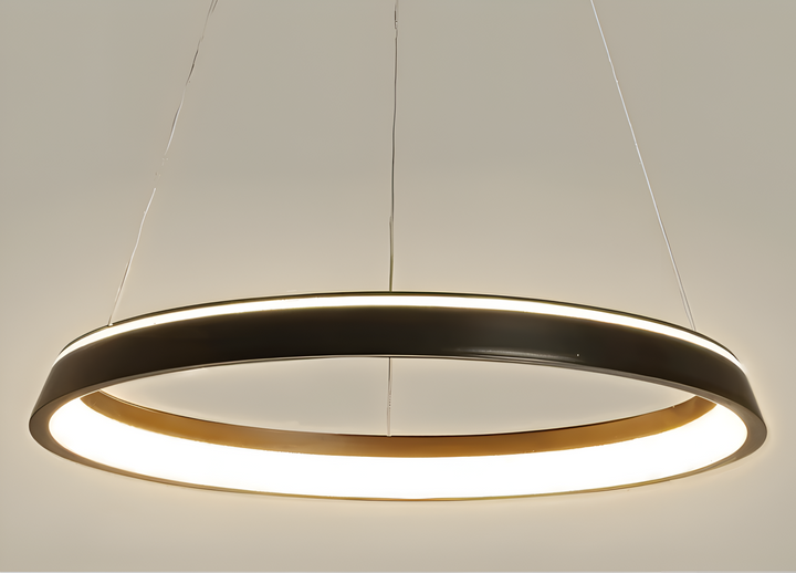 Lampe de salle à manger suspendue, LED ronde, design minimaliste blanc, lumière douce et modulable.