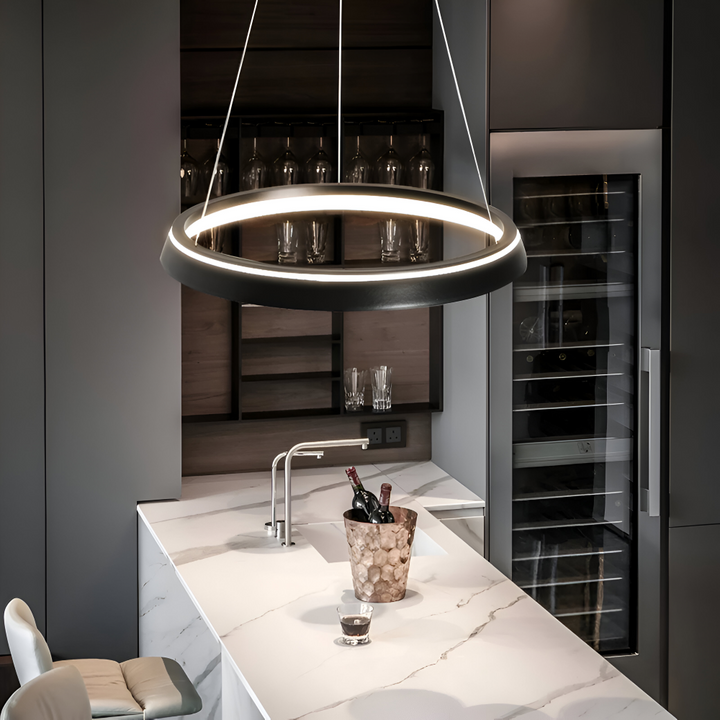 Luminaire suspendu LED CircuGlow dimmable, design minimaliste blanc, économie d'énergie.