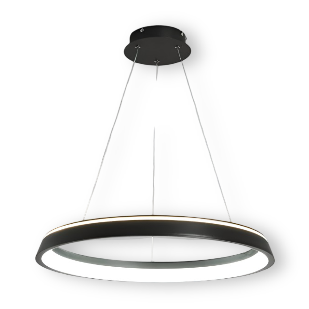 Pendentif LED CircuGlow noir, design contemporain, lumière dimmable, idéal pour cuisine ou bureau.