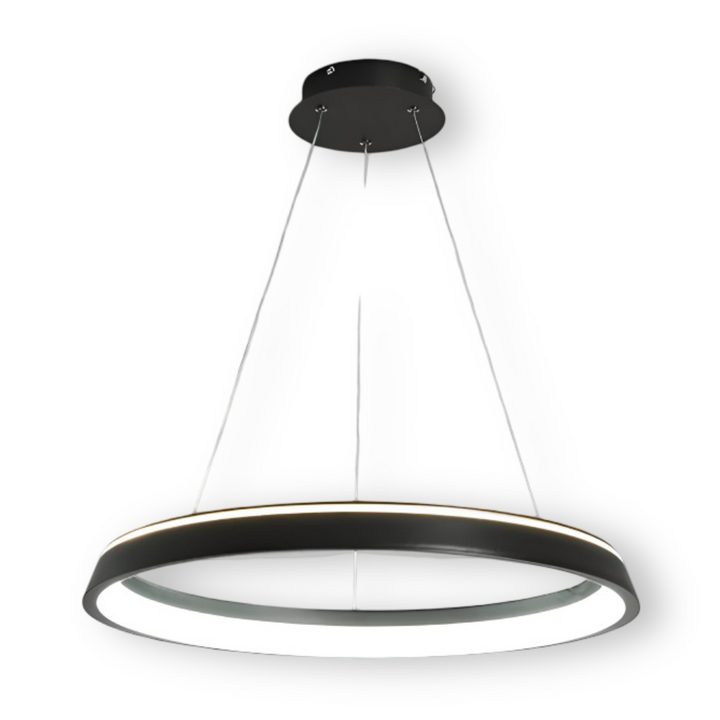 Pendentif LED CircuGlow noir, design contemporain, lumière dimmable, idéal pour cuisine ou bureau.