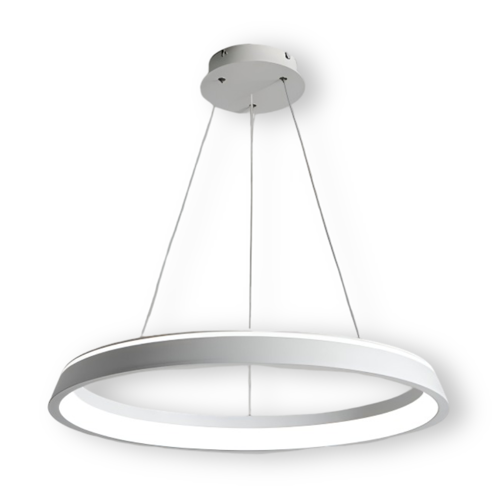 Éclairage LED suspendu rond, blanc, pour intérieur moderne, minimaliste et économe en énergie.