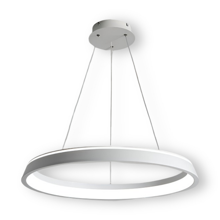 Éclairage LED suspendu rond, blanc, pour intérieur moderne, minimaliste et économe en énergie.