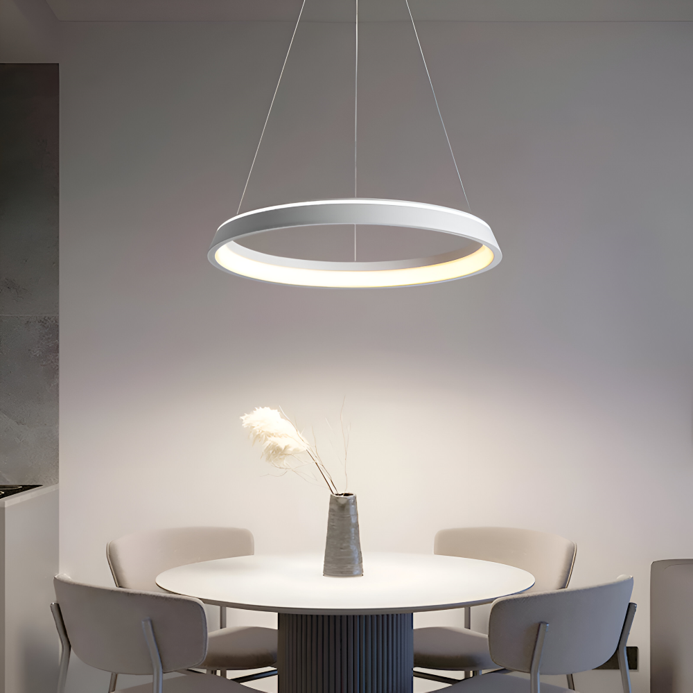 Lampe suspendue ronde LED moderne, noir mat, éclairage intérieur chic et contemporain.