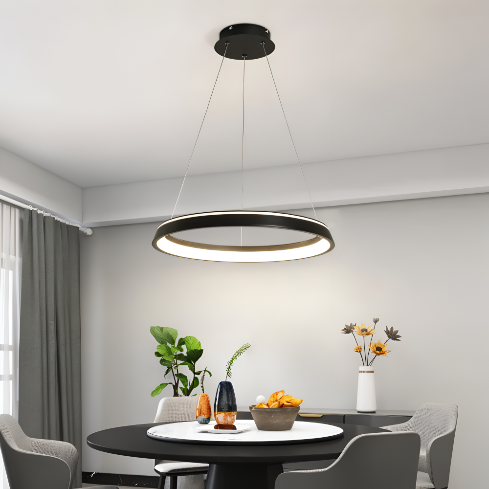 Luminaire rond LED noir, style minimaliste, pour salle à manger ou salon, lumière douce dimmable.