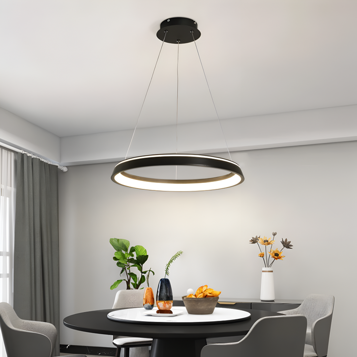 Luminaire rond LED noir, style minimaliste, pour salle à manger ou salon, lumière douce dimmable.