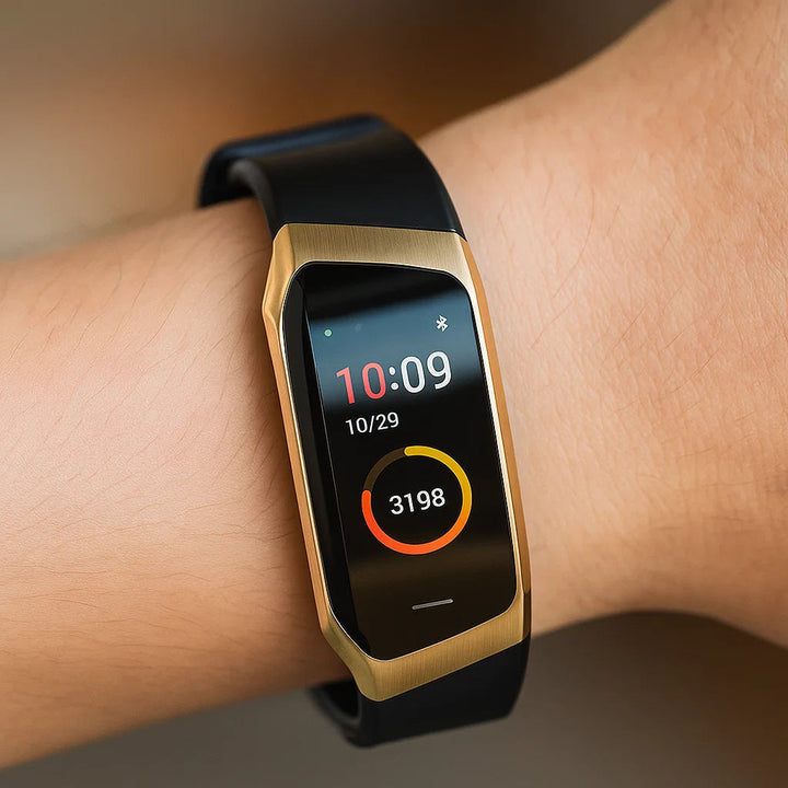 Montre connectée femme, design élégant, étanche, avec suivi du bien-être, du sommeil et réception de notifications.