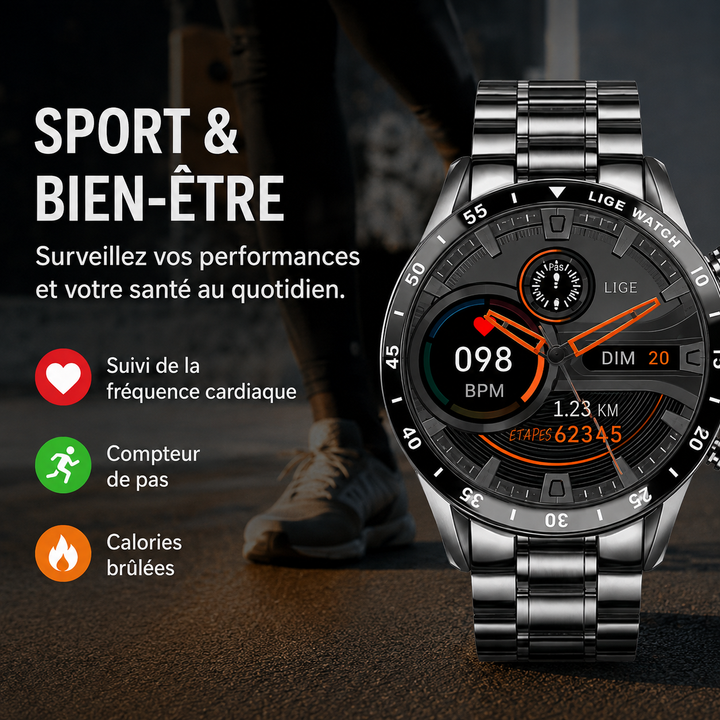 Profil latéral montre connectée 4G avec boutons, micro et haut-parleur, pour appels et contrôle facile.