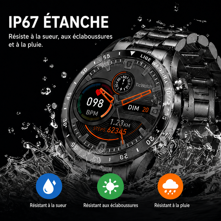 Écran tactile couleur smartwatch 4G affichant notifications, suivi santé et applications de fitness.