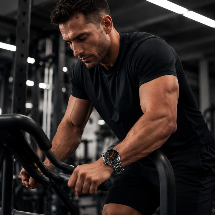 Smartwatch 4G au gymnase, affichant les calories brûlées et les pas, compagnon idéal pour le fitness.