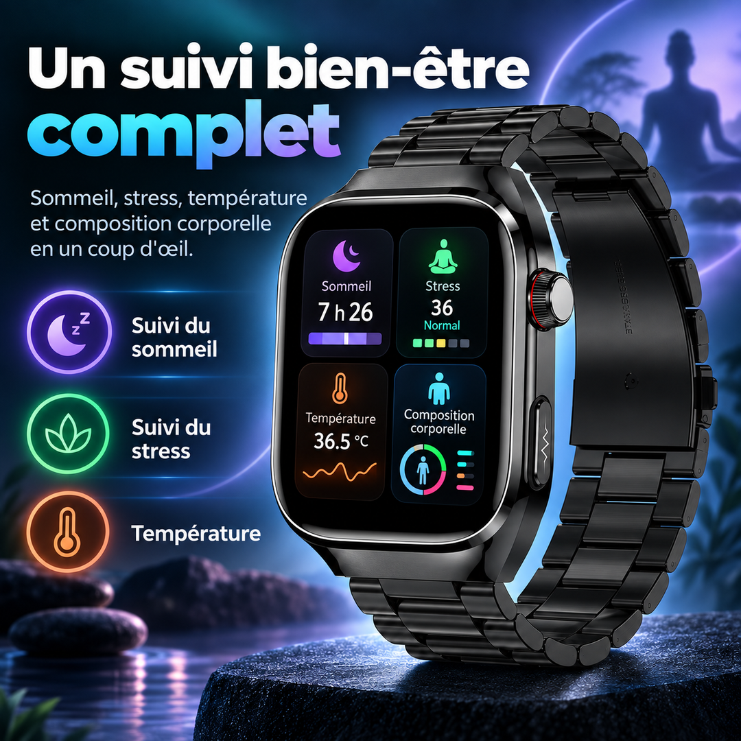 Suivi détaillé avec montre connectée AeroPulse: ECG, glycémie, sommeil et calories brûlées.