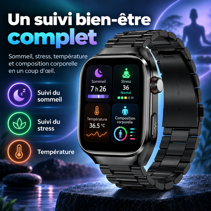 Suivi détaillé avec montre connectée AeroPulse: ECG, glycémie, sommeil et calories brûlées.