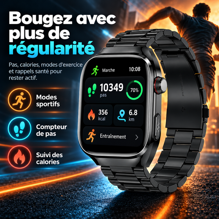 Design moderne AeroPulse, montre connectée unisexe noire, parfaite pour sport et quotidien.