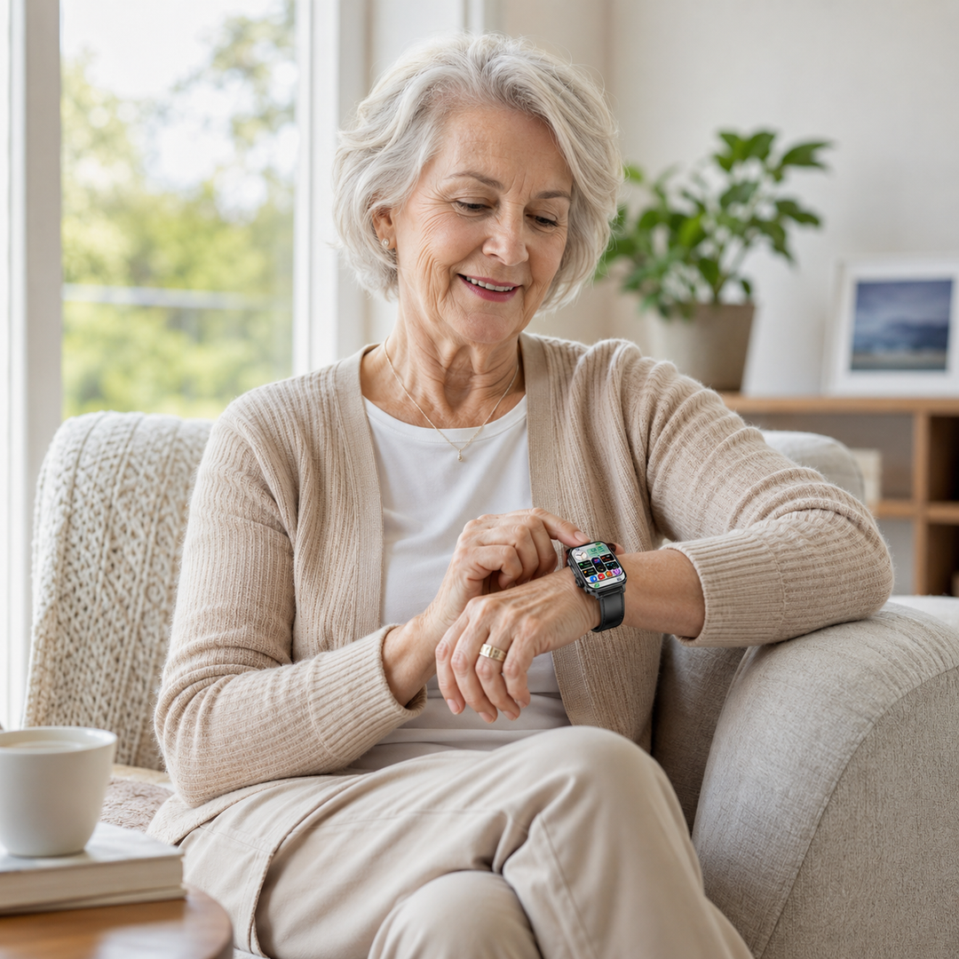 Sécurité et connectivité : montre intelligente pour seniors, appels Bluetooth, SOS et suivi d'activité.