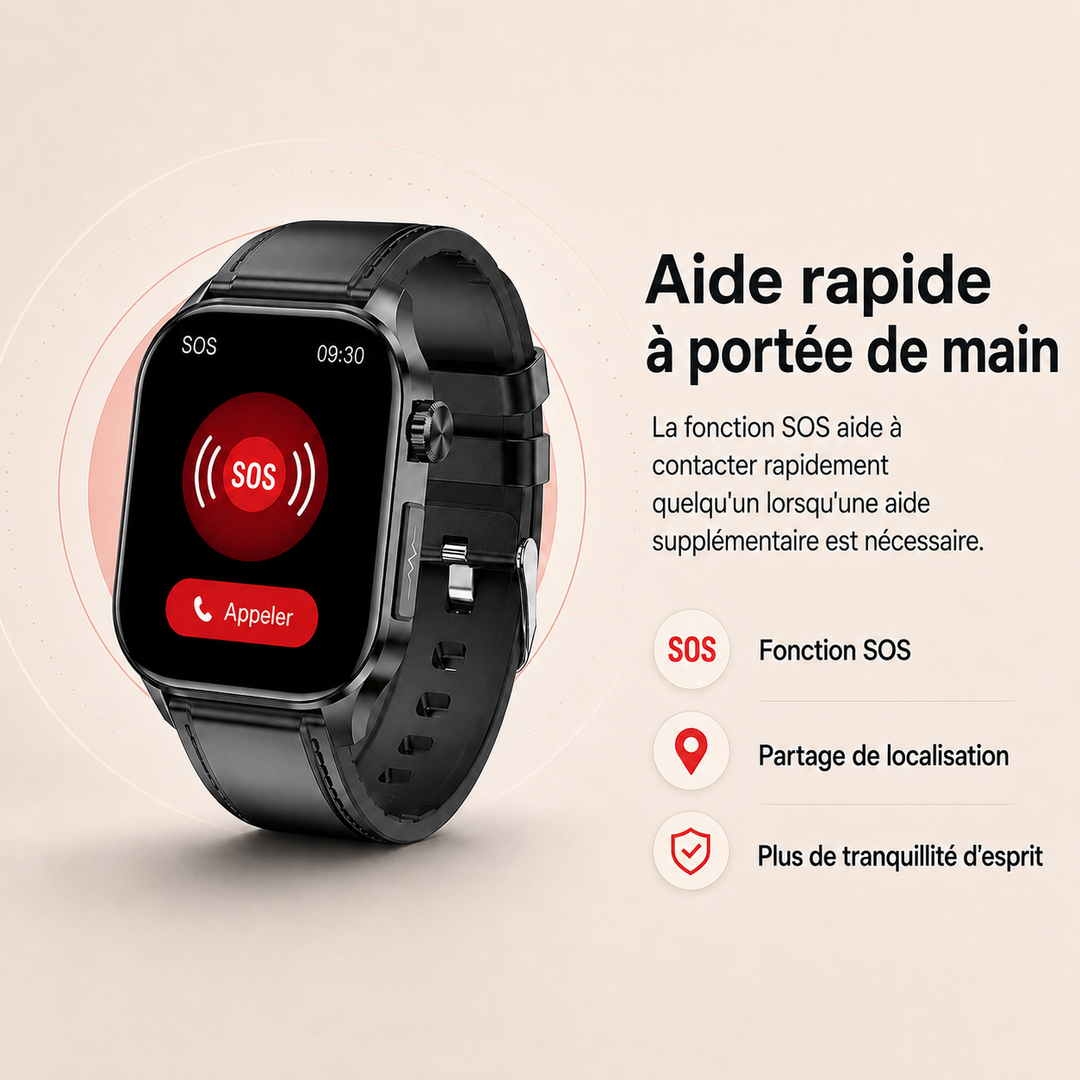 Montre connectée pour seniors avec appel Bluetooth facile, suivi d'activité et bouton SOS intégré.