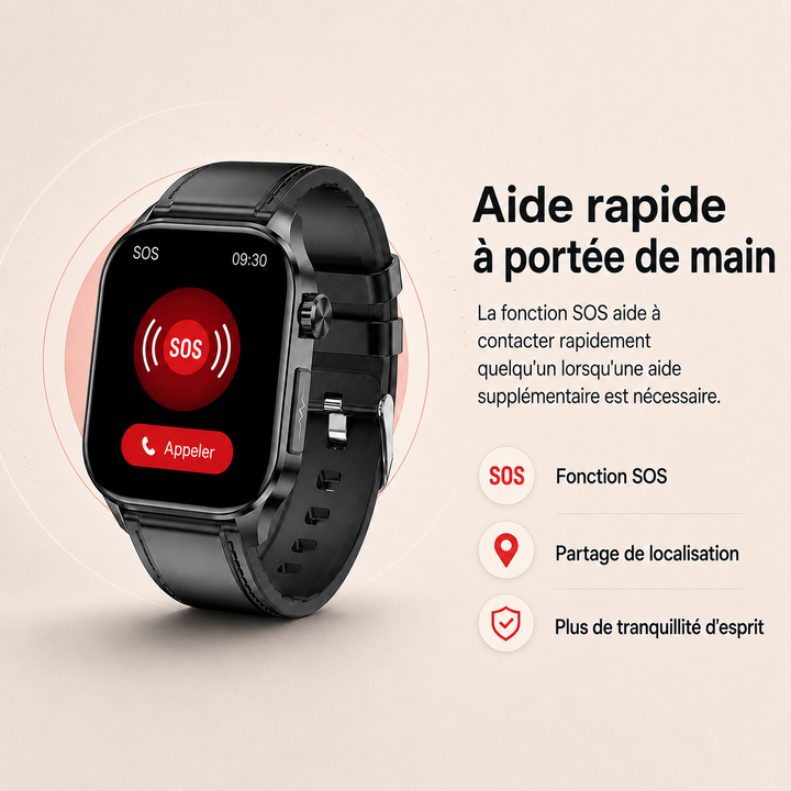 Montre connectée pour seniors avec appel Bluetooth facile, suivi d'activité et bouton SOS intégré.