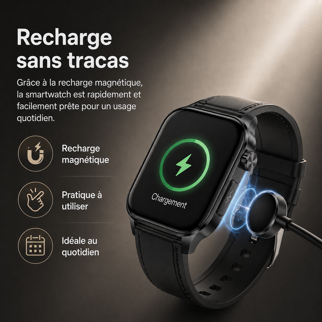 Montre intelligente noire pour bien-être des seniors : appel Bluetooth, suivi santé et écran AMOLED clair.