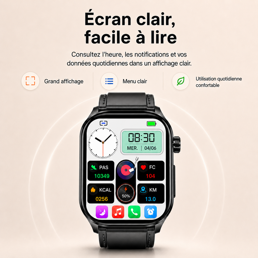 Gadget de sécurité pour seniors : montre connectée noire, appel Bluetooth, alerte SOS et suivi d'activité.