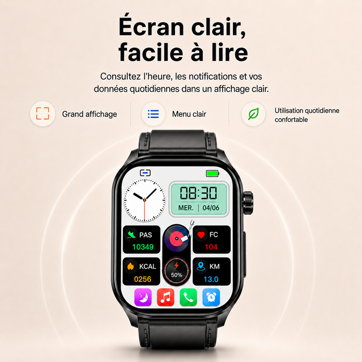 Gadget de sécurité pour seniors : montre connectée noire, appel Bluetooth, alerte SOS et suivi d'activité.