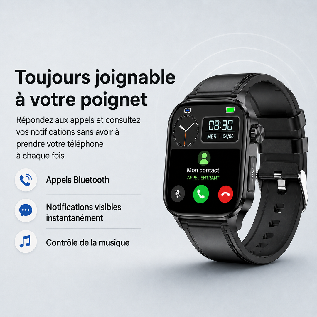 Montre connectée noire élégante pour seniors, avec écran AMOLED pour suivi santé et appels Bluetooth.